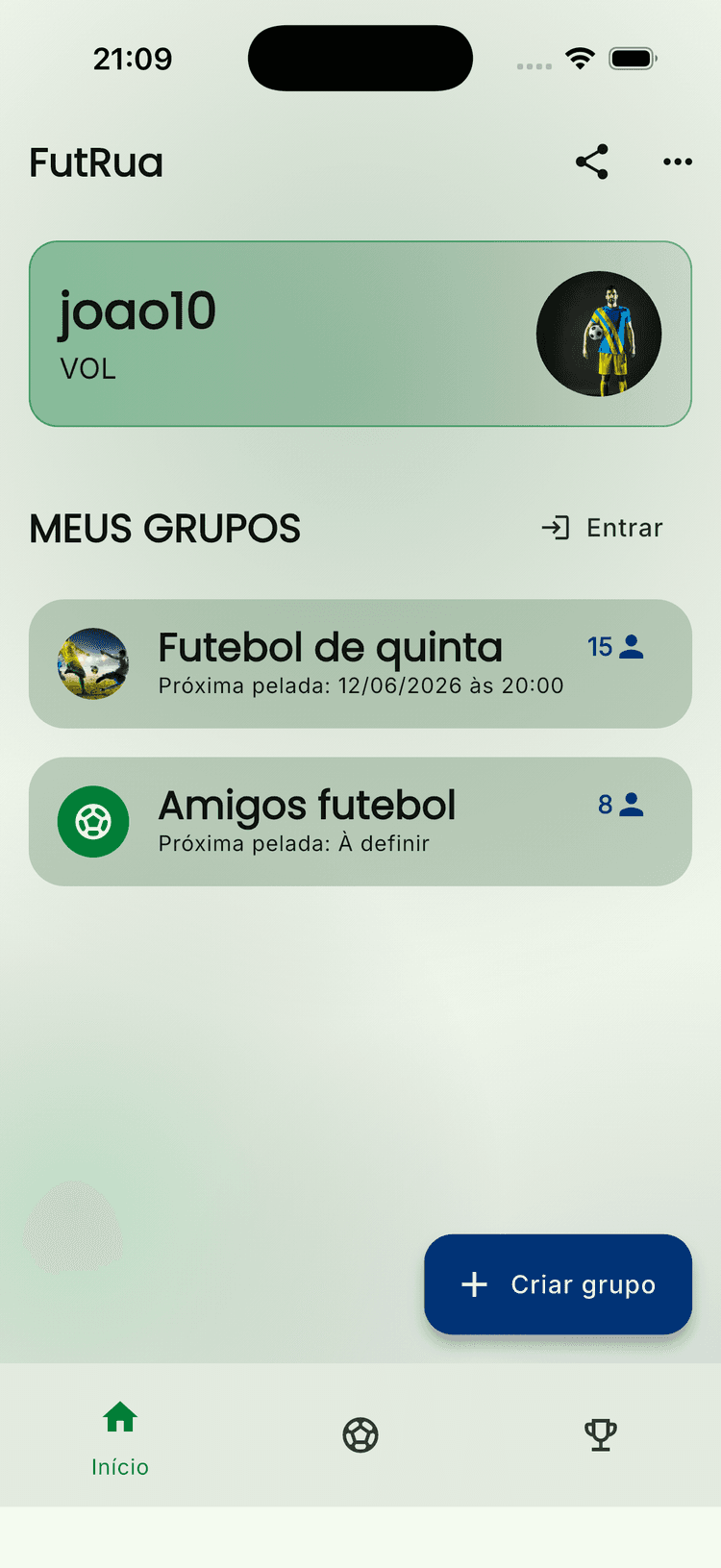 Tela real do FutRua com gestão de pelada e confirmações